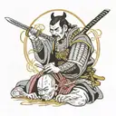 a dead samurai cuts off the head of a living samurai tattoo design idea