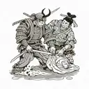 a dead samurai cuts off the head of a living samurai tattoo design idea
