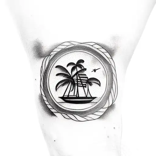 Simple forearm tattoo with an airplane, palm trees, beach waves, and a cruise ship. All outlines ,black and white.  tattoo design idea
