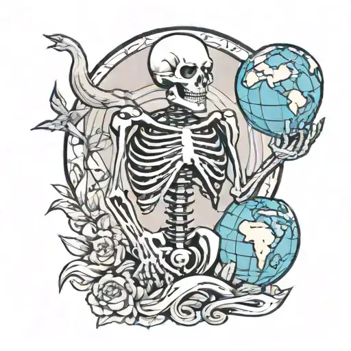skeleton with hawk and earth globe tattoo design idea