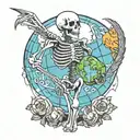 skeleton with hawk and earth globe tattoo design idea