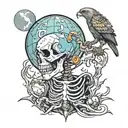 skeleton with hawk and earth globe tattoo design idea