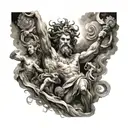 A sleeve tattoo featuring various Greek gods battling in a dynamic and epic scene with Medusa front and center tattoo design idea