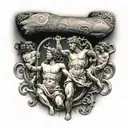 A sleeve tattoo featuring various Greek gods battling in a dynamic and epic scene with Medusa front and center tattoo design idea