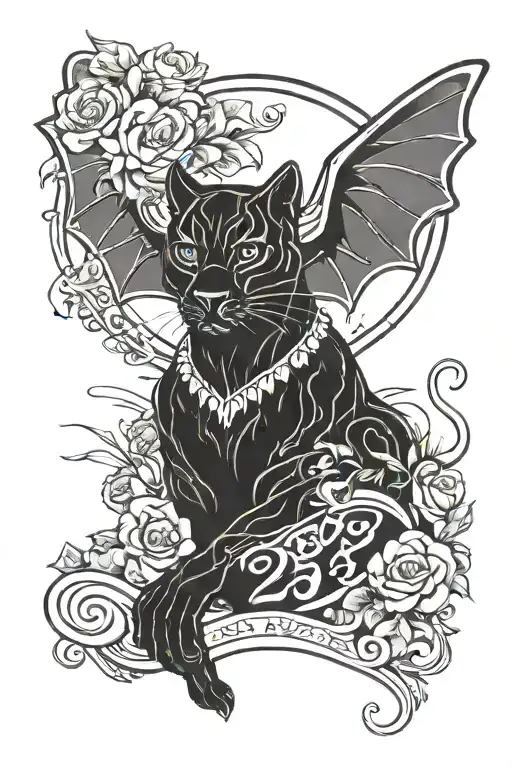 an old school black panther with the date 25.4.23 underneath and the silhouette of Tinker Bell hidden in the image. tattoo design idea
