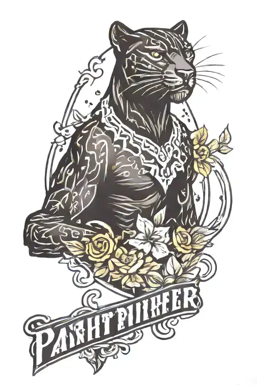 an old school black panther with the date 25.4.23 underneath and the silhouette of Tinker Bell hidden in the image. tattoo design idea