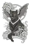 an old school black panther with the date 25.4.23 underneath and the silhouette of Tinker Bell hidden in the image. tattoo design idea
