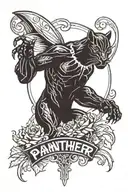 an old school black panther with the date 25.4.23 underneath and the silhouette of Tinker Bell hidden in the image. tattoo design idea