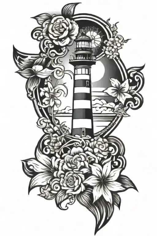lighthouse, cross, ship, compass, flowers tattoo design idea