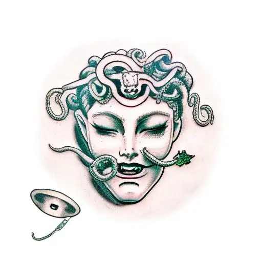Medusa with sad face, happy mask tattoo design idea