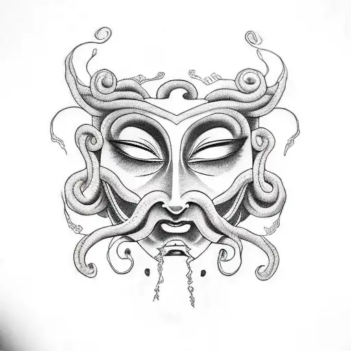 Medusa with sad face, happy mask tattoo design idea