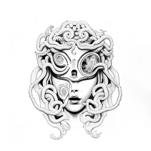 Medusa with sad face, happy mask tattoo design idea