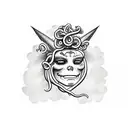 Medusa with sad face, happy mask tattoo design idea