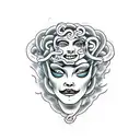 Medusa with sad face, happy mask tattoo design idea