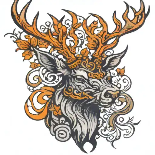 Menacing stag head with lots of horns in colour tattoo design idea