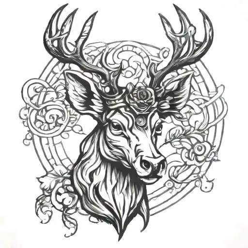 Menacing stag head with lots of horns tattoo design idea
