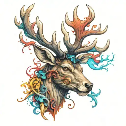 Menacing stag head with lots of horns in colour tattoo design idea