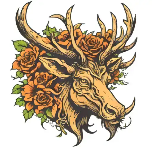 Evil stag head with lots of horns and evil eyes without added flowers or similar in realistic colour  tattoo design idea