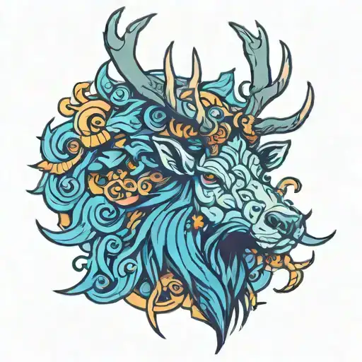 Menacing stag head with lots of horns in colour tattoo design idea