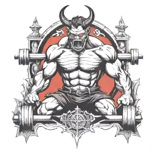 A muscular demon weightlifting in a gothic cathedral tattoo design idea