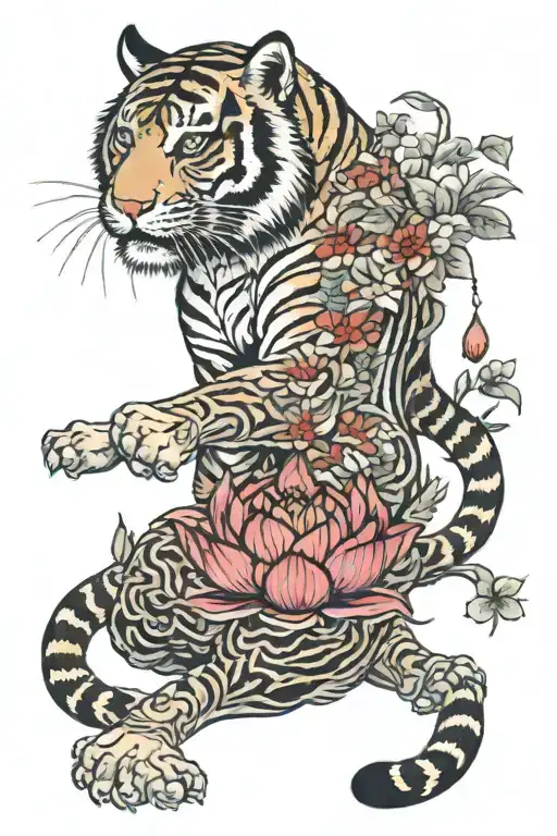 tiger walking with lotus flower  tattoo design idea