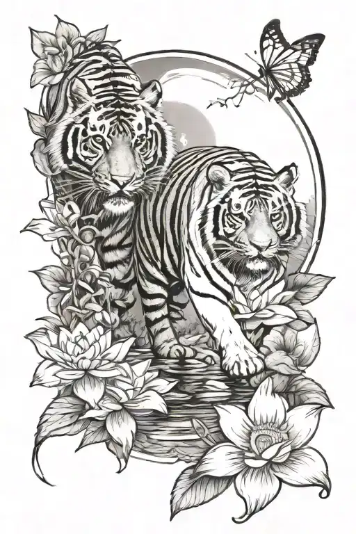 tiger walking from up to down with lotus flower and the sun tattoo design idea