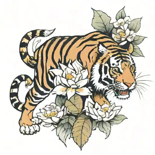 tiger walking with lotus flower  tattoo design idea