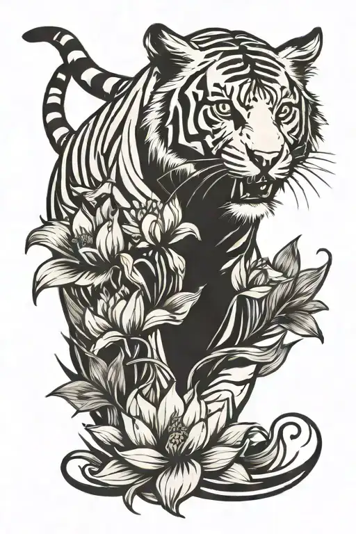 tiger walking with lotus flower  tattoo design idea