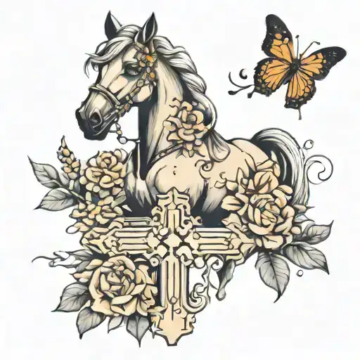 A cross with flowers and horse and butterflies tattoo design idea