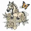 A cross with flowers and horse and butterflies tattoo design idea