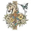 A cross with flowers and horse and butterflies tattoo design idea