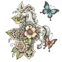 A cross with flowers and horse and butterflies tattoo design idea