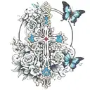 A cross with flowers and horse and butterflies tattoo design idea