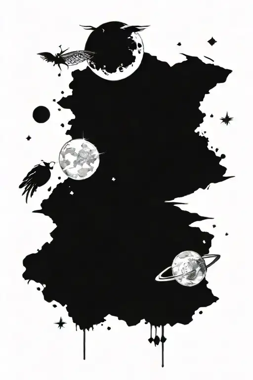 A delicate geometric Cosmic Scene With Planets, stars, and nebulae and one  deaths head moth emerging  tattoo design idea