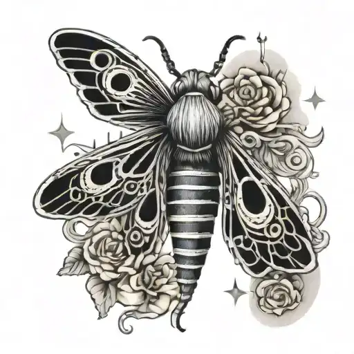 A music-themed tattoo featuring a death head moth surrounded by celestial elements tattoo design idea