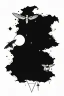 A delicate geometric Cosmic Scene With Planets, stars, and nebulae and one  deaths head moth emerging  tattoo design idea