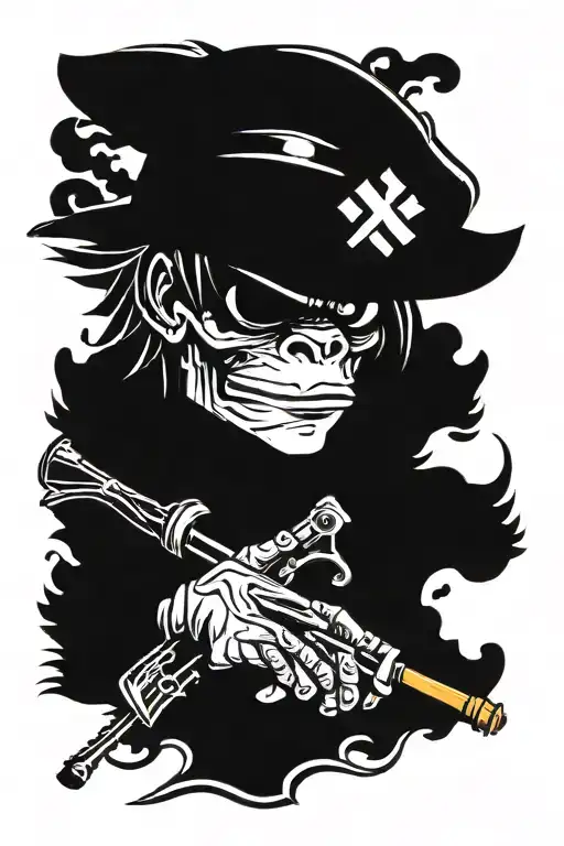 gorillaz wearing army helmet with ace of spades and arrows sticking out of the helmet smoking a cigarette  tattoo design idea