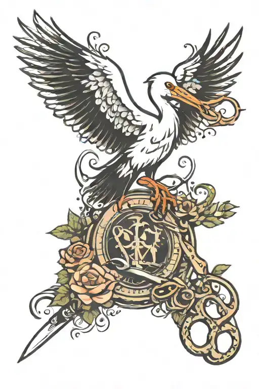 Stork scissors and floss bobbind tattoo design idea