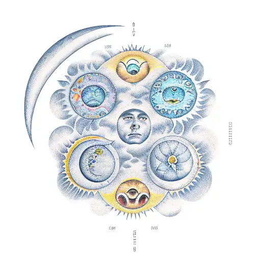 Moon phases, sun, flowers tattoo design idea