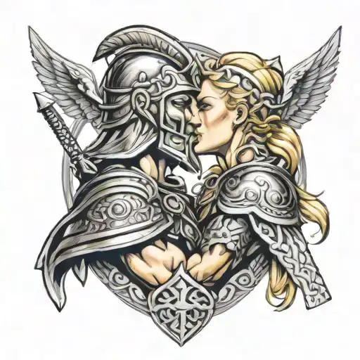 spartan male warrior kissing norse valkyrie blonde hair tattoo design idea