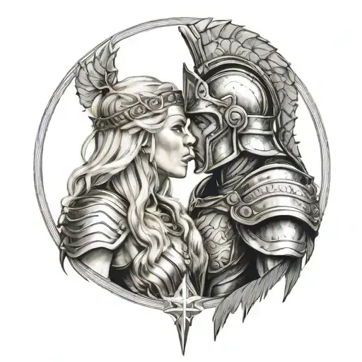 spartan warrior kissing norse valkyrie blonde hair tattoo design idea