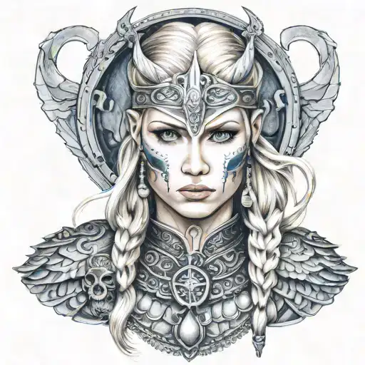 Beautiful norse viking valkyrie with blonde hair blue eyes tattoos chains and skulls tattoo design idea