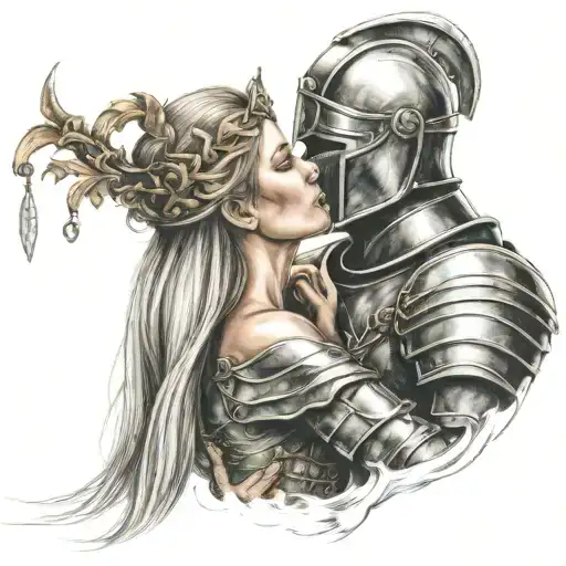 Medieval knight kissing valkyrie warrior woman tattoo design idea