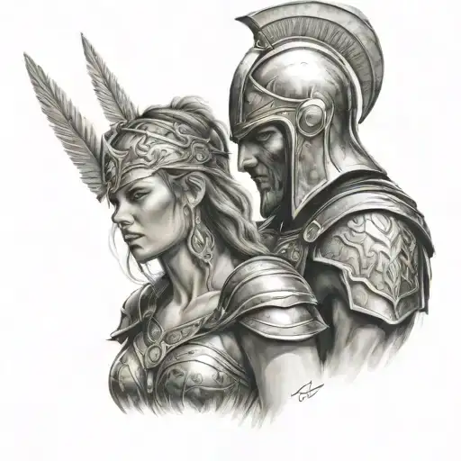 spartan warrior kissing valkyrie warrior woman tattoo design idea
