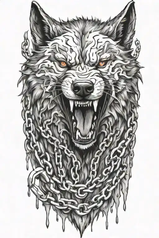Fenrir wolf with chains and blood dripping tattoo design idea