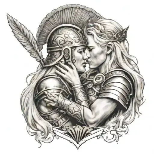 spartan warrior kissing norse valkyrie blonde hair tattoo design idea