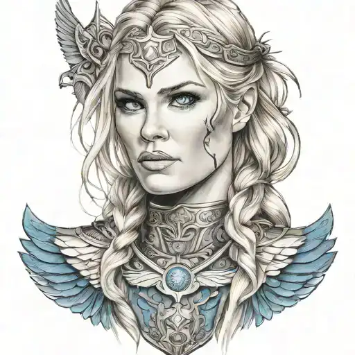 Beautiful norse valkyrie with blonde hair blue eyes tattoo design idea