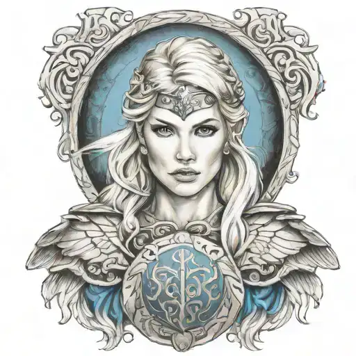 valkyrie shield maiden with blonde hair blue eyes tattoo design idea