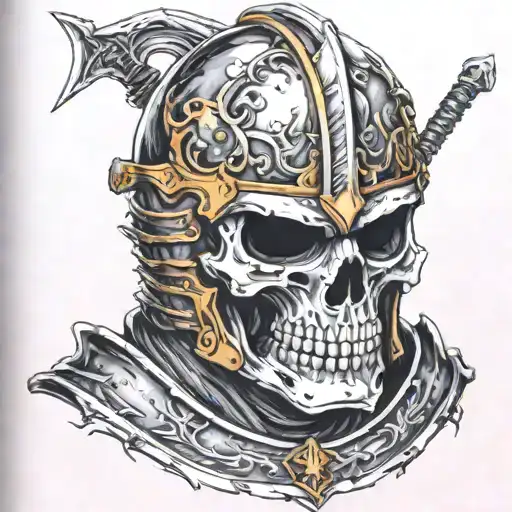 skull helmet knight templar with a sword tattoo design idea