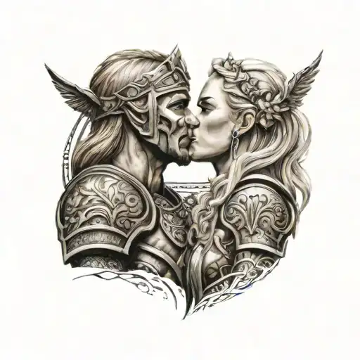 spartan warrior kissing norse valkyrie blonde hair tattoo design idea